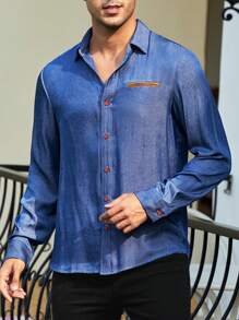 Manfinity Homme Men Solid Button Up Shirt - Blue - View 3