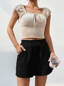 SHEIN EZwear Quần đùi nữ Túi Quần paper-bag màu trơn Giải trí - màu đen - Xem 4