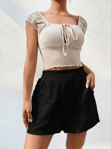 SHEIN EZwear Quần đùi nữ Túi Quần paper-bag màu trơn Giải trí - màu đen - Xem 5