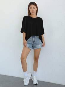 SHEIN EZwear Women's Casual Asymmetrical White Knit T-Shirt - Black - View 3