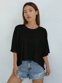 SHEIN EZwear Women's Casual Asymmetrical White Knit T-Shirt - Black - View 4