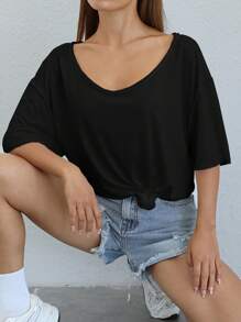 SHEIN Essnce Camiseta unicolor de cuello scoop - Negro - Ver 2