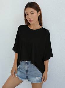 SHEIN EZwear Women's Casual Asymmetrical White Knit T-Shirt - Black - View 5