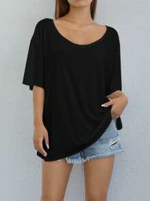 SHEIN Essnce Camiseta unicolor de cuello scoop - Negro - Ver 3