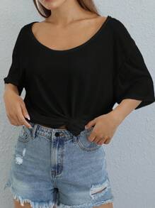 SHEIN Essnce Camiseta unicolor de cuello scoop - Negro - Ver 4