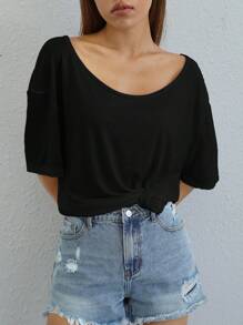 SHEIN Essnce Camiseta unicolor de cuello scoop - Negro - Ver 5