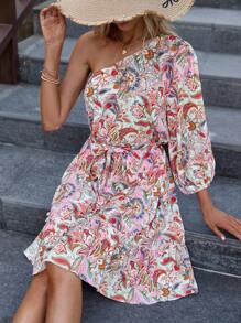 SHEIN LUNE 單肩滿版印花繫腰帶洋裝 - 彩色 - 查看 3