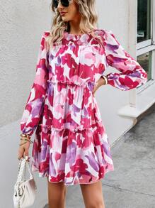 SHEIN LUNE Allover Floral Print Frill Trim Smock Dress - Multicolor - View 1