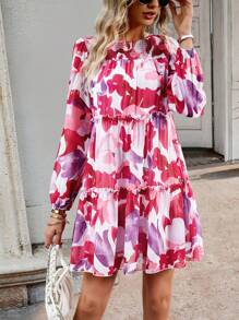 SHEIN LUNE Allover Floral Print Frill Trim Smock Dress - Multicolor - View 3