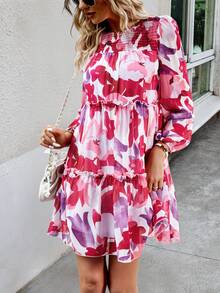 SHEIN LUNE Allover Floral Print Frill Trim Smock Dress - Multicolor - View 5