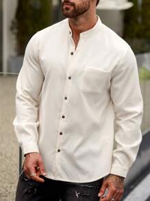 Manfinity Homme Hombres Camisa unicolor con botón con parche de bolsillo sin camiseta