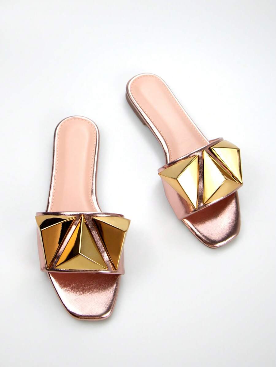 Dép nữ trang trí bằng kim loại đính kim loại, Dép đế bằng màu hồng thời trang - Hồng - Xem 1