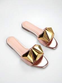 Dép nữ trang trí bằng kim loại đính kim loại, Dép đế bằng màu hồng thời trang - Hồng - Xem 2