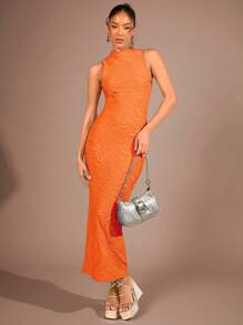 SHEIN BAE Vestido unicolor de cuello alto de espalda abierta - Naranja - Ver 1