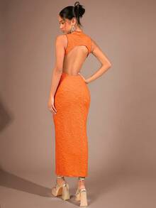 SHEIN BAE Vestido unicolor de cuello alto de espalda abierta - Naranja - Ver 2