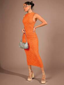 SHEIN BAE Vestido unicolor de cuello alto de espalda abierta - Naranja - Ver 5
