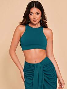 SHEIN BAE 素色短款背心和高衩褶邊半身裙 - 水鴨藍 - 查看 3