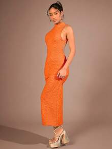 SHEIN BAE Vestido unicolor de cuello alto de espalda abierta - Naranja - Ver 6