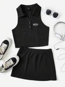 SHEIN EZwear Bộ 2 món áo ba lỗ cổ polo thêu chữ và chân váy mini thường ngày cho nữ - màu đen - Xem 1