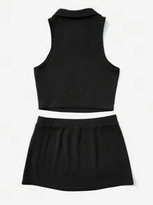 SHEIN EZwear Bộ 2 món áo ba lỗ cổ polo thêu chữ và chân váy mini thường ngày cho nữ - màu đen - Xem 2