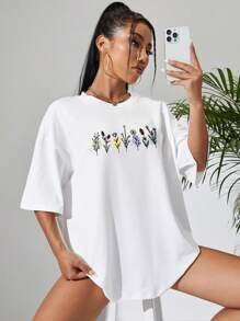 SHEIN EZwear Camiseta de hombros caídos con estampado floral - Blanco - Ver 4