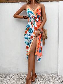 SHEIN VCAY 熱帶圖案高衩吊帶連衣裙 - 彩色 - 查看 1