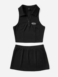 SHEIN EZwear Bộ 2 món áo ba lỗ cổ polo thêu chữ và chân váy mini thường ngày cho nữ - màu đen - Xem 4