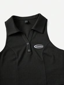 SHEIN EZwear Bộ 2 món áo ba lỗ cổ polo thêu chữ và chân váy mini thường ngày cho nữ - màu đen - Xem 5