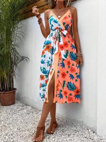 SHEIN VCAY 熱帶圖案高衩吊帶連衣裙 - 彩色 - 查看 3