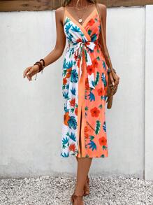 SHEIN VCAY 熱帶圖案高衩吊帶連衣裙 - 彩色 - 查看 4