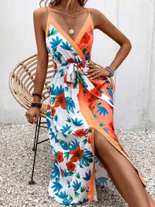 SHEIN VCAY 熱帶圖案高衩吊帶連衣裙 - 彩色 - 查看 5