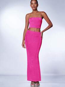 SHEIN BAE 素色抹胸上衣和半身裙 - 玫紅色 - 查看 1