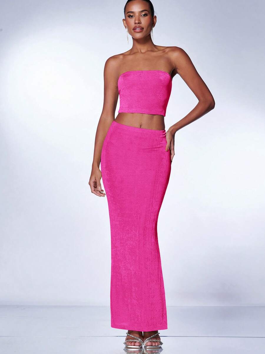 SHEIN BAE 素色抹胸上衣和半身裙 - 玫紅色 - 查看 1