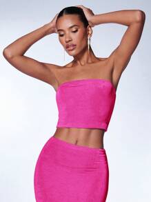 SHEIN BAE 素色抹胸上衣和半身裙 - 玫紅色 - 查看 5