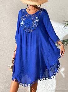 Contrast Crochet Tassel Hem Cover Up - Royal Blue - View 1