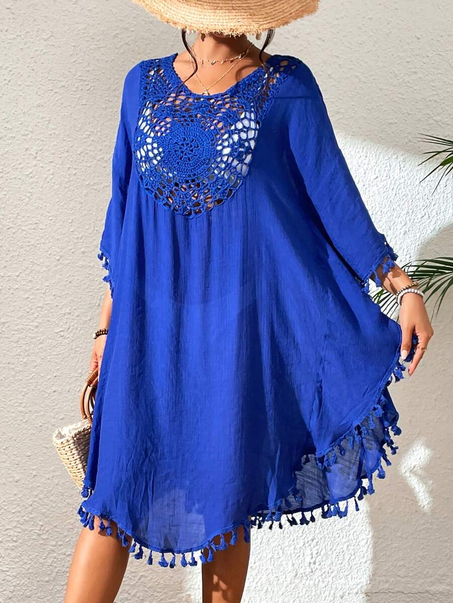Contrast Crochet Tassel Hem Cover Up - Royal Blue - View 1
