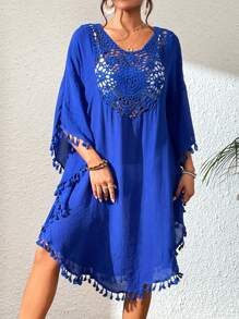 Contrast Crochet Tassel Hem Cover Up - Royal Blue - View 4