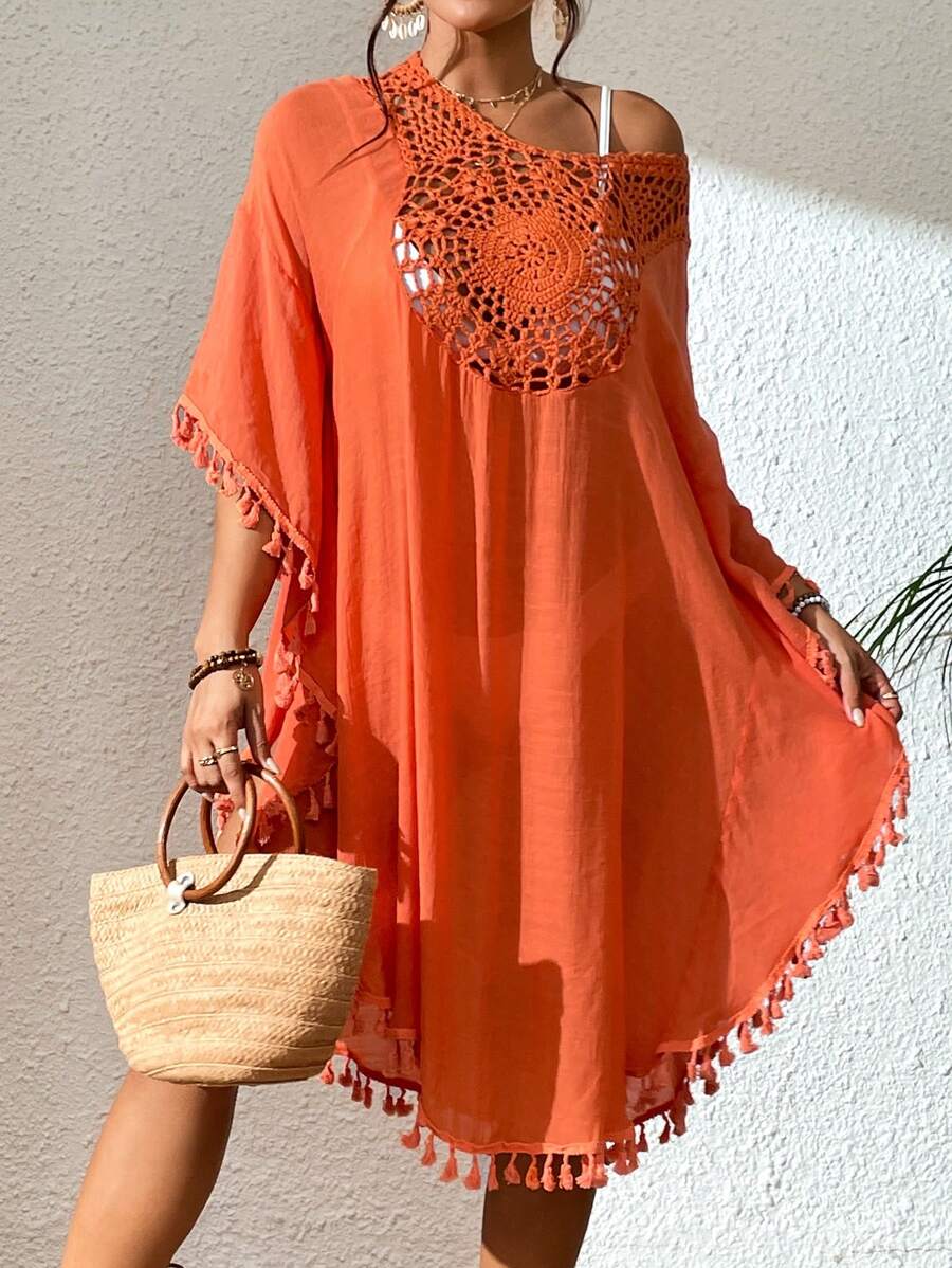 Swim Vcay 女士夏季服装镂空流苏装饰罩衫夏季 - 橘色 - 查看 1
