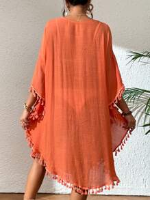 Swim Vcay 女士夏季服装镂空流苏装饰罩衫夏季 - 橘色 - 查看 2