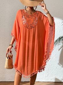 Swim Vcay 女士夏季服装镂空流苏装饰罩衫夏季 - 橘色 - 查看 6