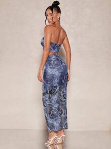 SHEIN BAE Bộ đồ hai mảnh nữ Hoa Giải trí - Màu xanh bụi bặm - Xem 2