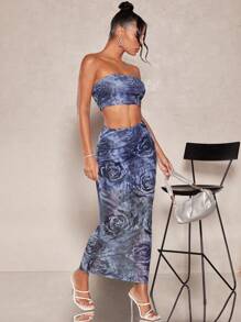 SHEIN BAE Bộ đồ hai mảnh nữ Hoa Giải trí - Màu xanh bụi bặm - Xem 5