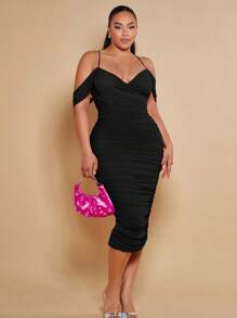 SHEIN BAE Plus Cold Shoulder Ruched Bodycon Dress,Birthday Dresses For Women - Black - View 4