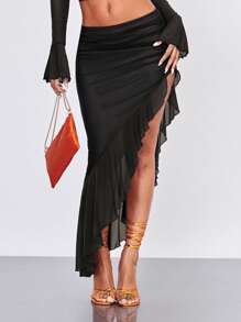 SHEIN BAE Falda asimétrico fruncido bajo con fruncido de malla - Negro - Ver 1