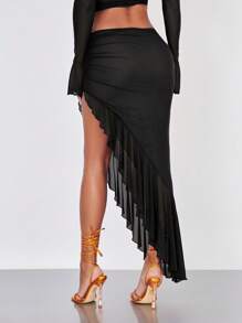SHEIN BAE Falda asimétrico fruncido bajo con fruncido de malla - Negro - Ver 2