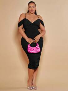 SHEIN BAE Plus Cold Shoulder Ruched Bodycon Dress,Birthday Dresses For Women - Black - View 5