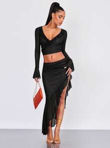 SHEIN BAE Falda asimétrico fruncido bajo con fruncido de malla - Negro - Ver 4