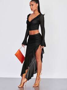 SHEIN BAE Falda asimétrico fruncido bajo con fruncido de malla - Negro - Ver 6