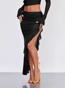 SHEIN BAE Falda asimétrico fruncido bajo con fruncido de malla - Negro - Ver 7
