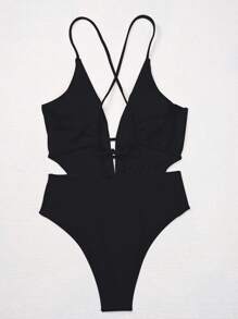 Swim Vcay Plain Plunge One Piece Swimsuit - Black - View 6